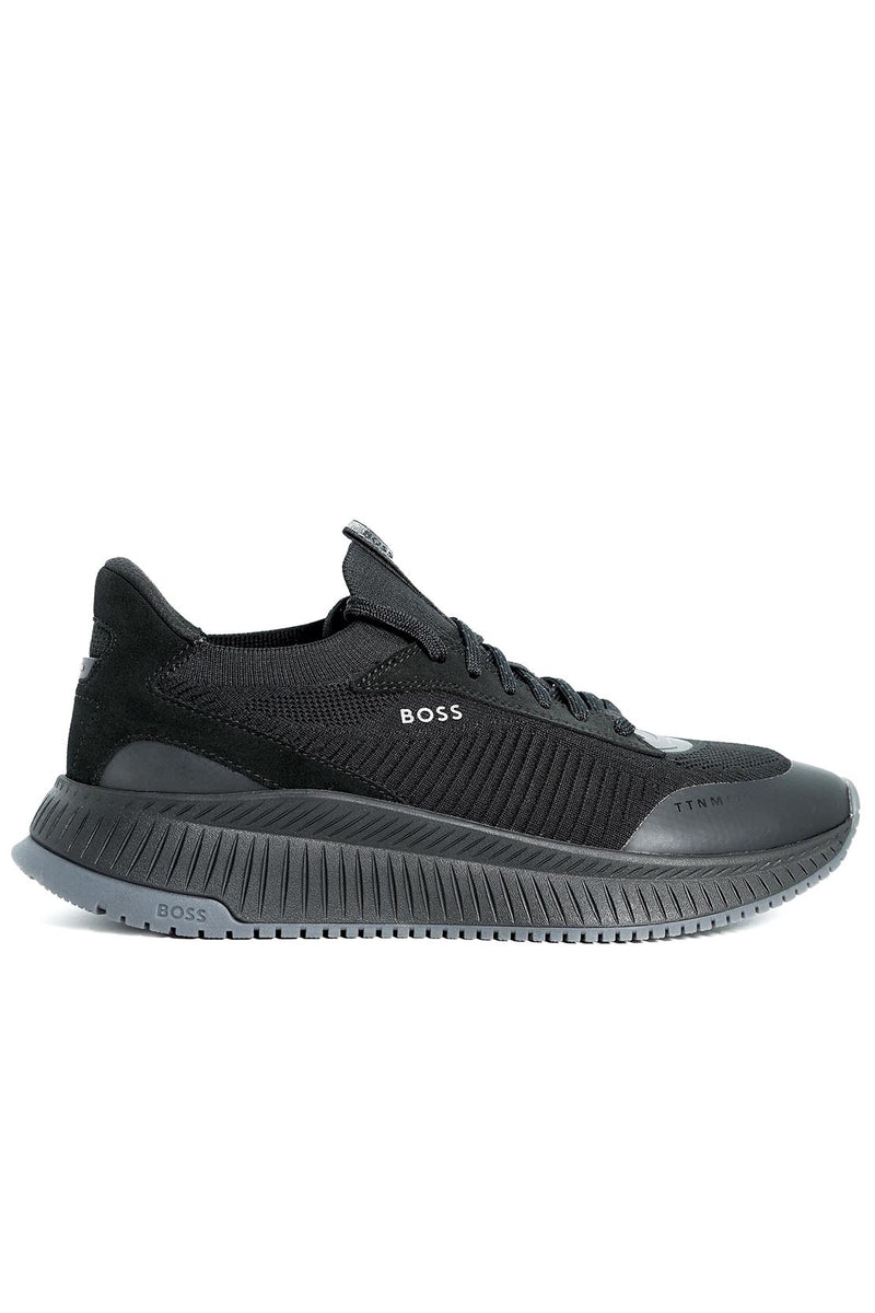 BOSS - TTNM EVO All Black Trainers With Knitted Uppers & Fishbone 