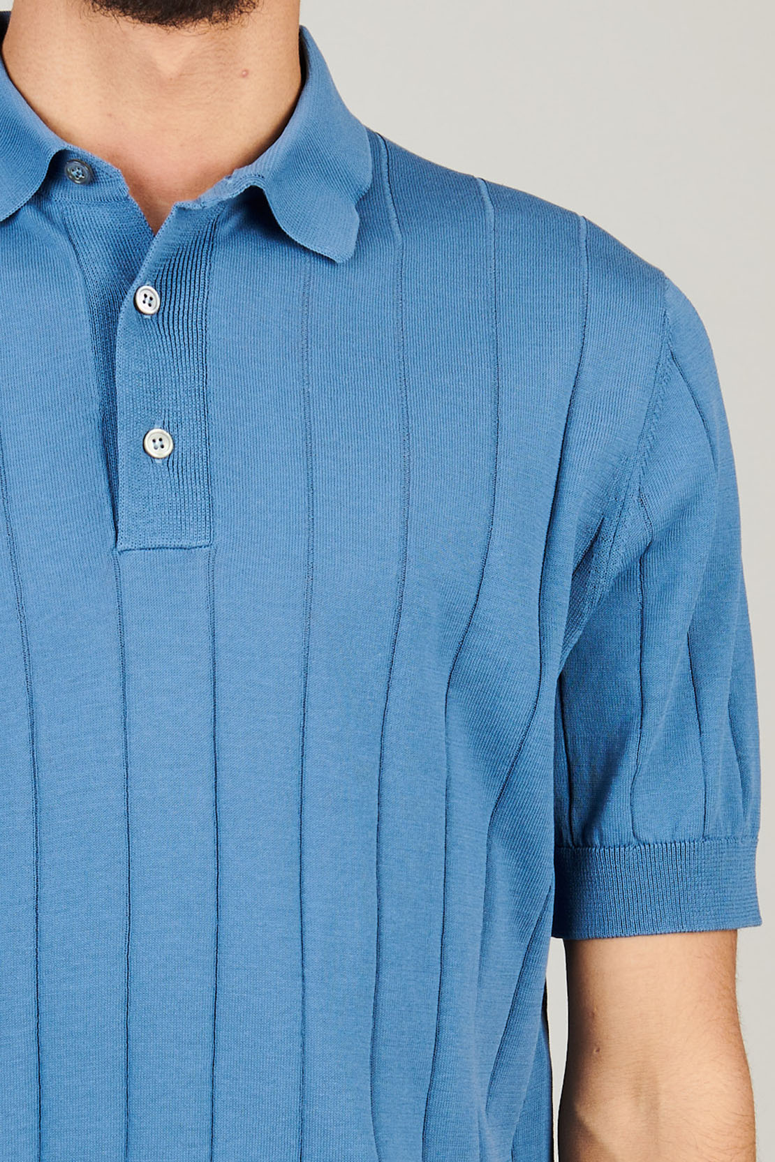 FILIPPO DE LAURENTIIS - Vertical Ribbed Knitted Polo Shirt In Blue PL1MCCR14C870