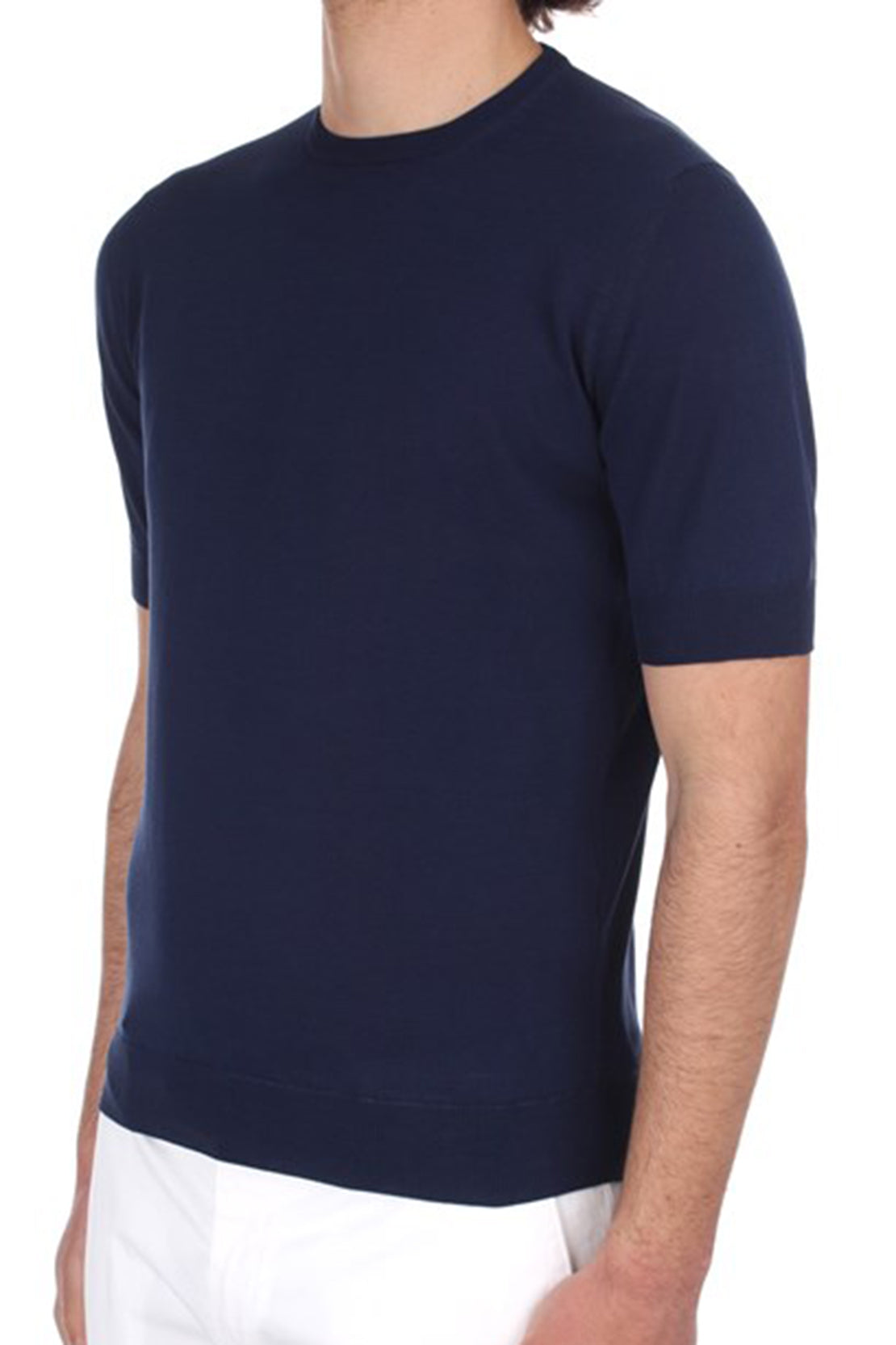 FILIPPO DE LAURENTIIS - Dark Blue Lightweight Crepe Cotton Short Sleeve Knitted T-Shirt