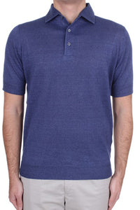 FILIPPO DE LAURENTIIS - French Blue Knitted Linen and Cotton Blend Polo Shirt