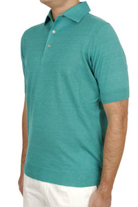 FILIPPO DE LAURENTIIS - Turquoise Knitted Linen and Cotton Blend Polo Shirt
