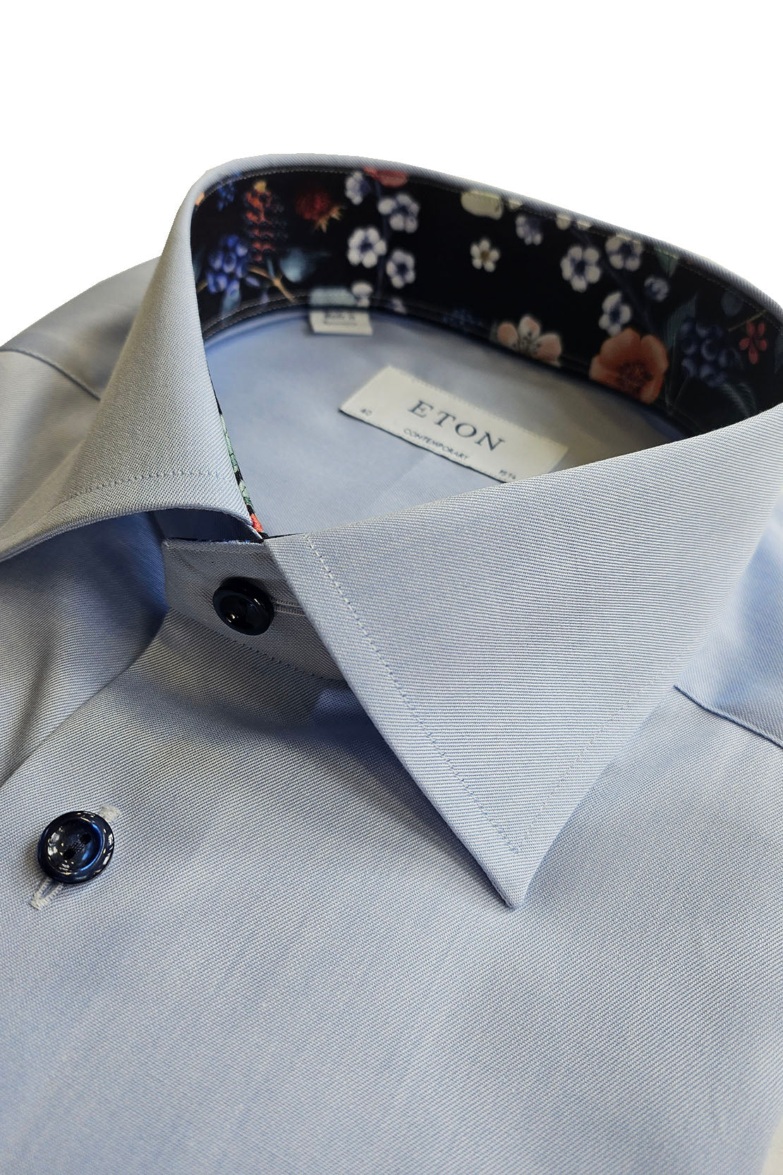 ETON - CONTEMPORARY FIT Sky Blue Signature Twill Shirt With Floral Trim 10001146221