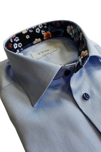 ETON - CONTEMPORARY FIT Sky Blue Signature Twill Shirt With Floral Trim 10001146221