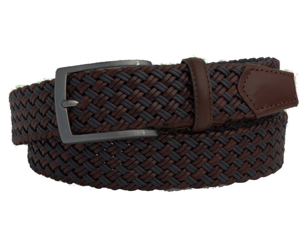 ROBERT CHARLES - 1088 Leather Woven 35mm Belt In Dark Brown/Blue
