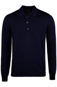 STENSTROMS - Navy Blue Merino Wool Long Sleeve Knitted Polo Shirt 4202651355190
