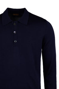 STENSTROMS - Navy Blue Merino Wool Long Sleeve Knitted Polo Shirt 4202651355190
