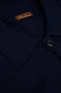 STENSTROMS - Navy Blue Merino Wool Long Sleeve Knitted Polo Shirt 4202651355190