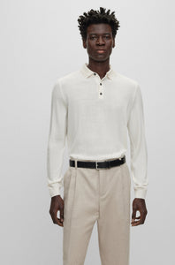 BOSS - BONO-L Open White Long Sleeved Knitted Polo In Virgin Wool 50476357 131