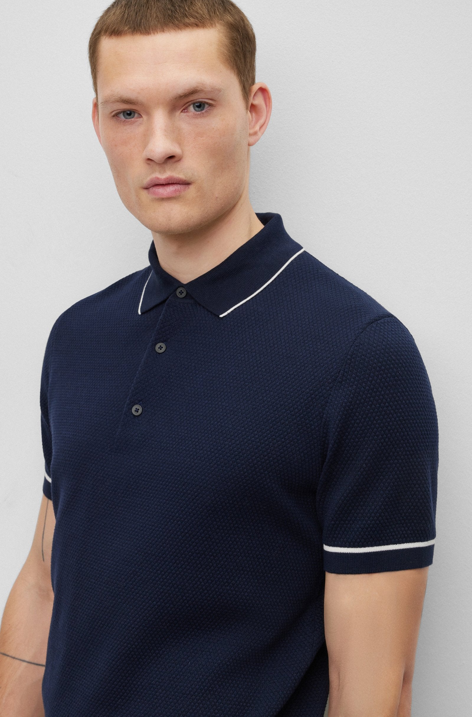 BOSS - GORILLO Dark Blue Structured Cotton Regular Fit Knitted Polo 50489889 404