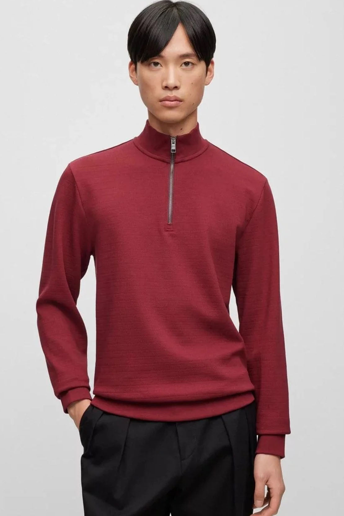 BOSS - SIDNEY 74 Dark Red Zip Neck Sweatshirt In Mercerized Jacquard Cotton 50500328 602