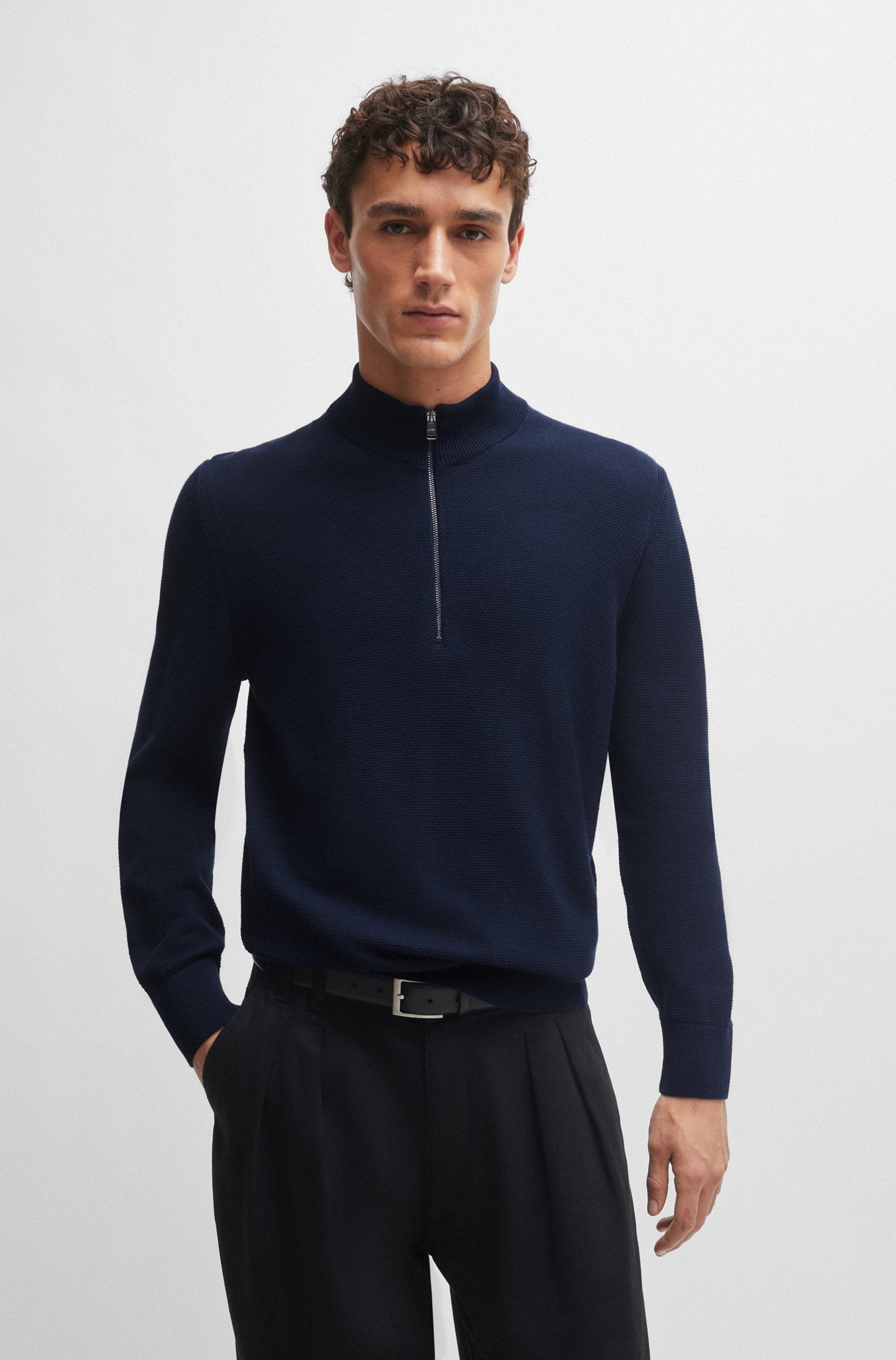 BOSS - EBRANDO Dark Blue Zip Neck Sweater In Micro Structured Cotton 50505997 404
