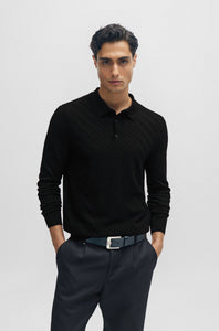 BOSS - PADORI Wool Blend Long Sleeve Knitted Polo With Jacquard Structure In Black 50506034 001
