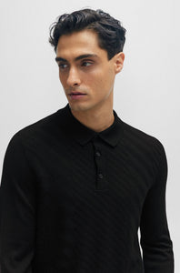 BOSS - PADORI Wool Blend Long Sleeve Knitted Polo With Jacquard Structure In Black 50506034 001