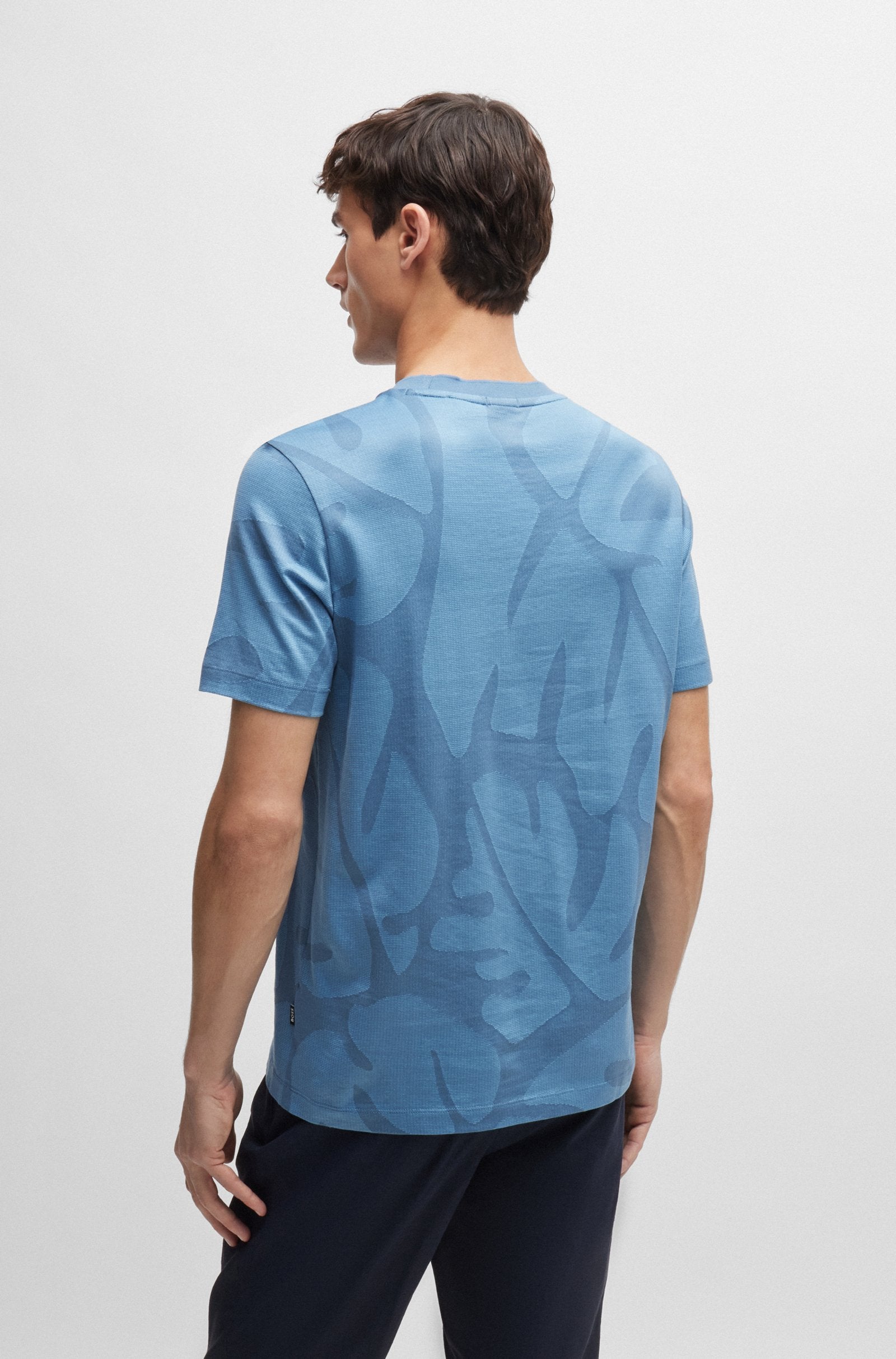 BOSS - THOMPSON 08 Cotton 2-Tone Monstera Leaf Print T-Shirt in Light Blue 50511843 459