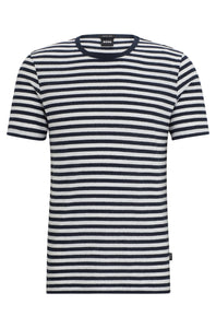 BOSS - TIBURT 457 Dark Blue Cotton and Linen Striped T-Shirt 50513401 404