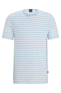 BOSS - TIBURT 457 Light Pastel Blue Cotton and Linen Striped T-Shirt 50513401 450