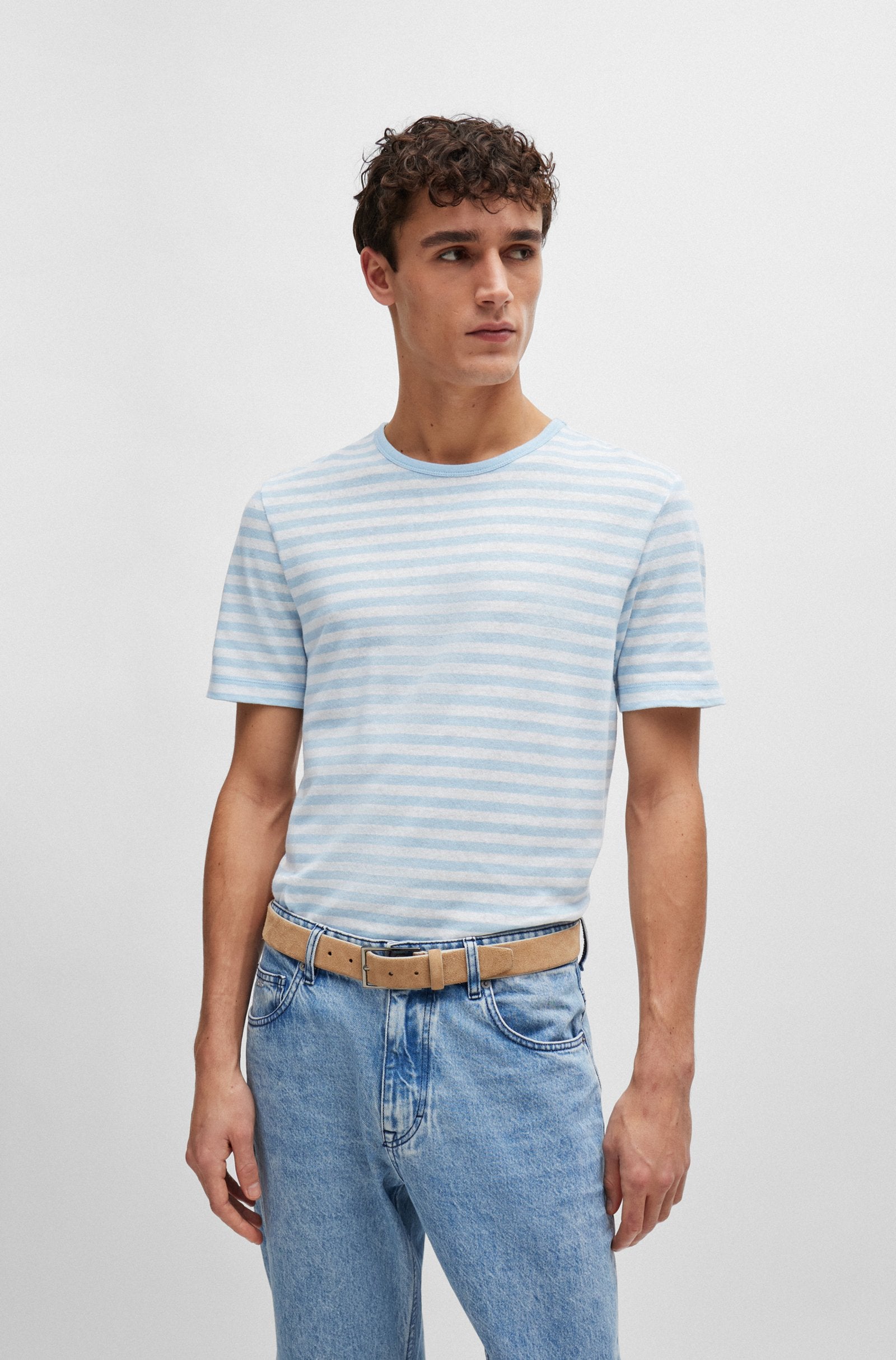 BOSS - TIBURT 457 Light Pastel Blue Cotton and Linen Striped T-Shirt 50513401 450