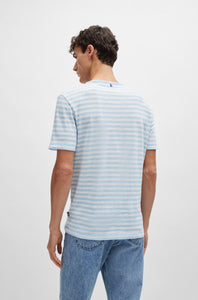 BOSS - TIBURT 457 Light Pastel Blue Cotton and Linen Striped T-Shirt 50513401 450