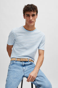 BOSS - TIBURT 457 Light Pastel Blue Cotton and Linen Striped T-Shirt 50513401 450