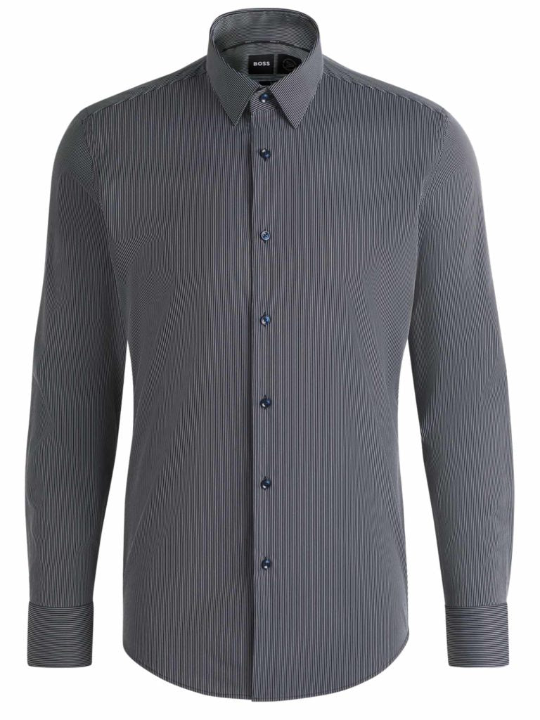 BOSS - HANK Slim-Fit Shirt In Dark Blue Striped Performance-Stretch Fabric 50539397 404