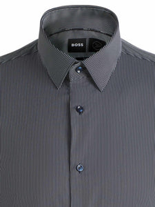 BOSS - HANK Slim-Fit Shirt In Dark Blue Striped Performance-Stretch Fa Harveys Menswear BOSS - HANK Slim-Fit Shirt In Dark Blue Striped Performance-Stretch Fa Harveys Menswear