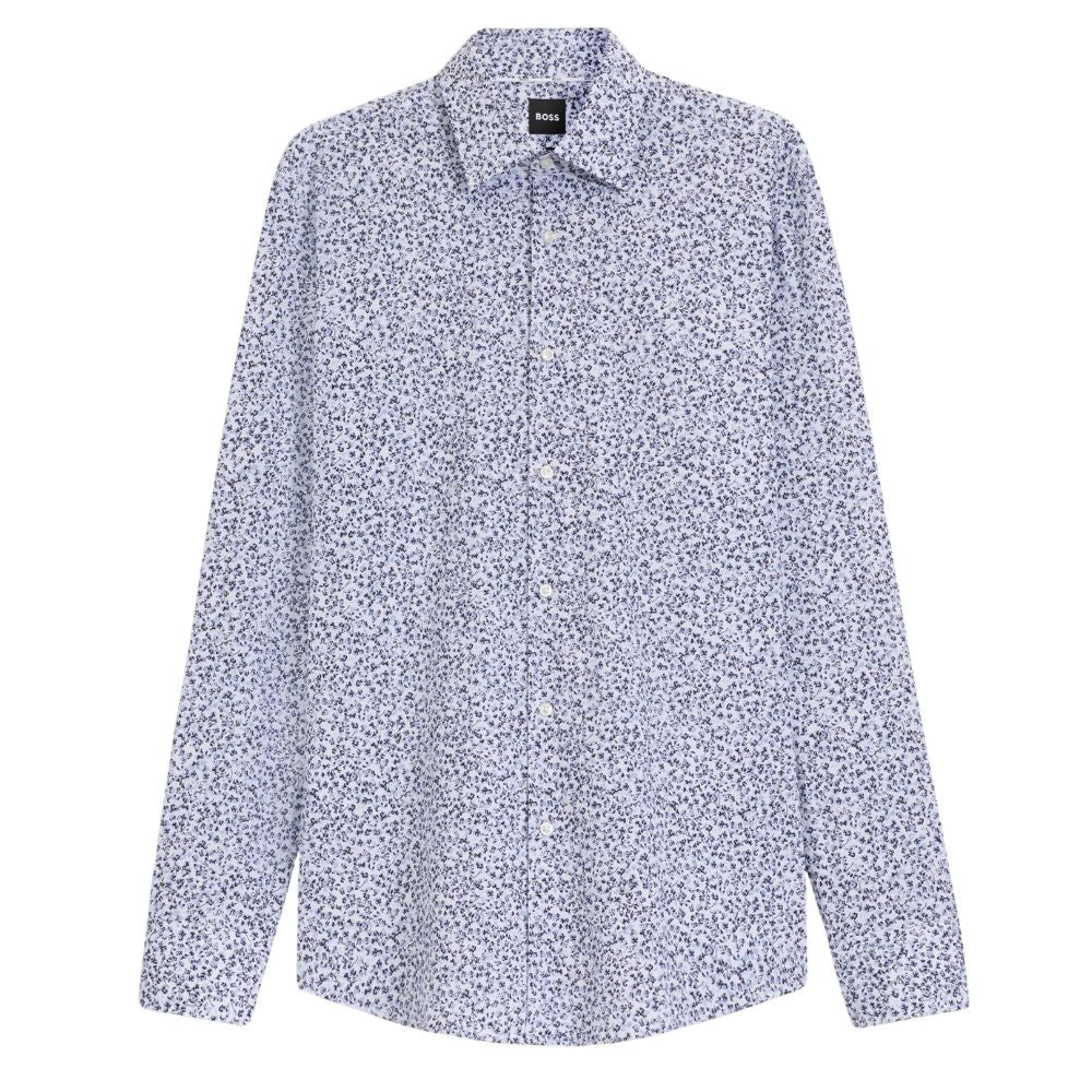 BOSS - H-HANK-KENT 214 Light Blue Slim-Fit Printed Stretch-Cotton Shirt 50545109 450