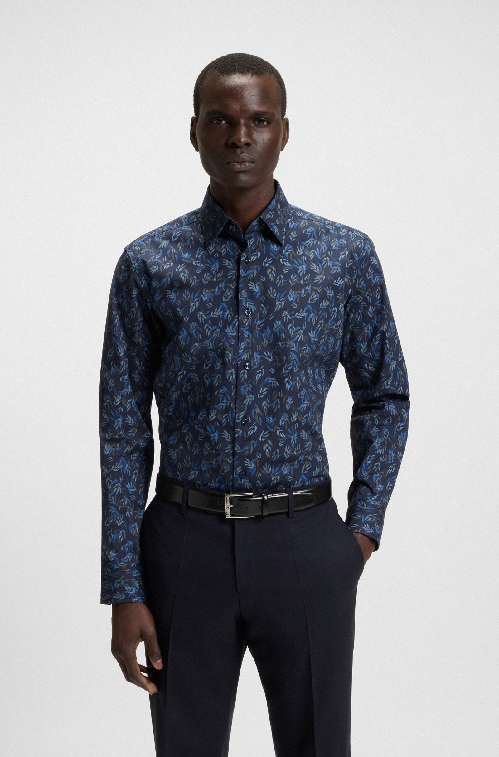 BOSS - H-JOE-KENT 214 Dark Blue Regular-Fit Printed Stretch-Cotton Shirt 50545117 404