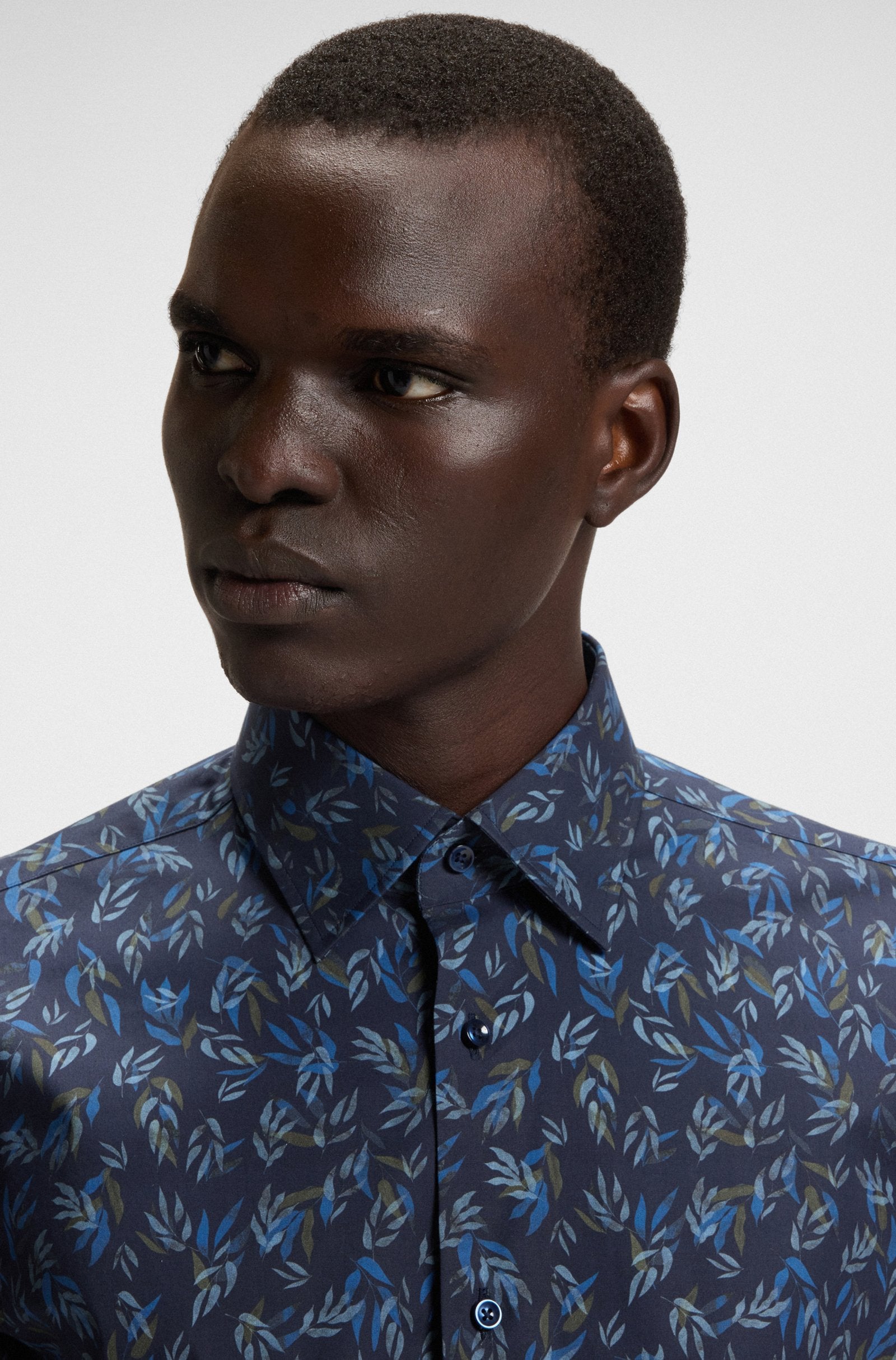 BOSS - H-JOE-KENT 214 Dark Blue Regular-Fit Printed Stretch-Cotton Shirt 50545117 404