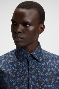 BOSS - H-JOE-KENT 214 Dark Blue Regular-Fit Printed Stretch-Cotton Shirt 50545117 404