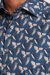 STENSTROMS - SLIMLINE Owl Print Shirt in Blue 7129018631151