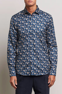 STENSTROMS - SLIMLINE Owl Print Shirt in Blue 7129018631151