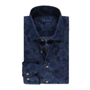 STENSTROMS - SLIMLINE Navy Blue Casual Floral Denim Shirt 7747218695821
