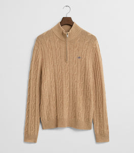 GANT - Lambswool Cable Knit Half-Zip Sweater In Khaki Melange 8050260 296