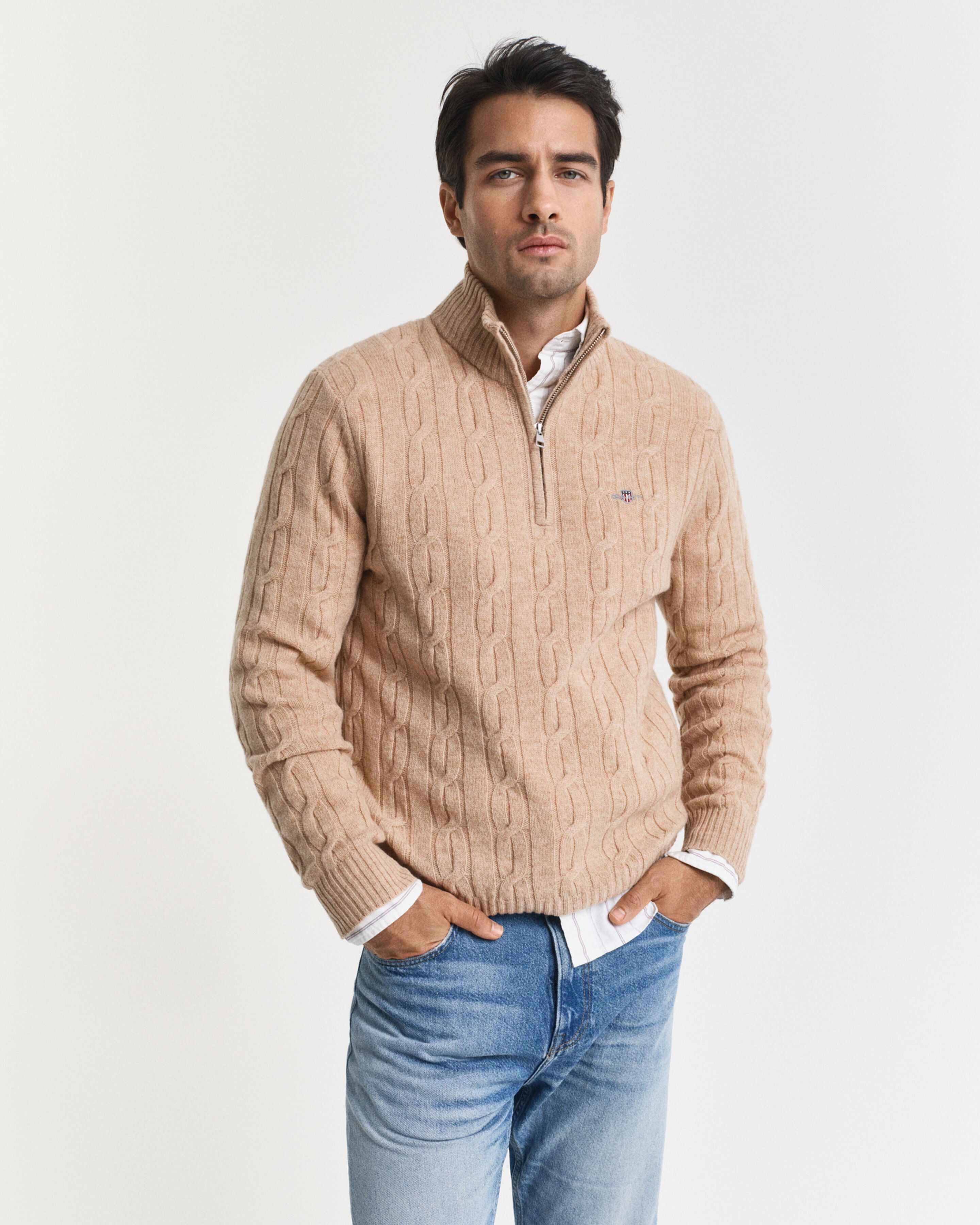 GANT - Lambswool Cable Knit Half-Zip Sweater In Khaki Melange 8050260 296