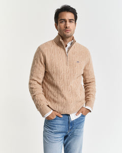 GANT - Lambswool Cable Knit Half-Zip Sweater In Khaki Melange 8050260 296