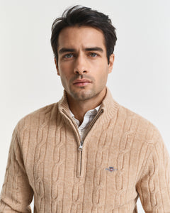 GANT - Lambswool Cable Knit Half-Zip Sweater In Khaki Melange 8050260 296