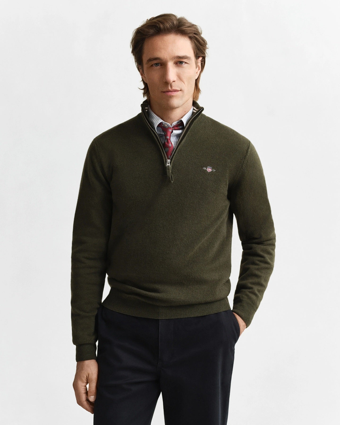 GANT - Superfine Lambswool Half-Zip Sweater in Khaki Green Melange 87213 384