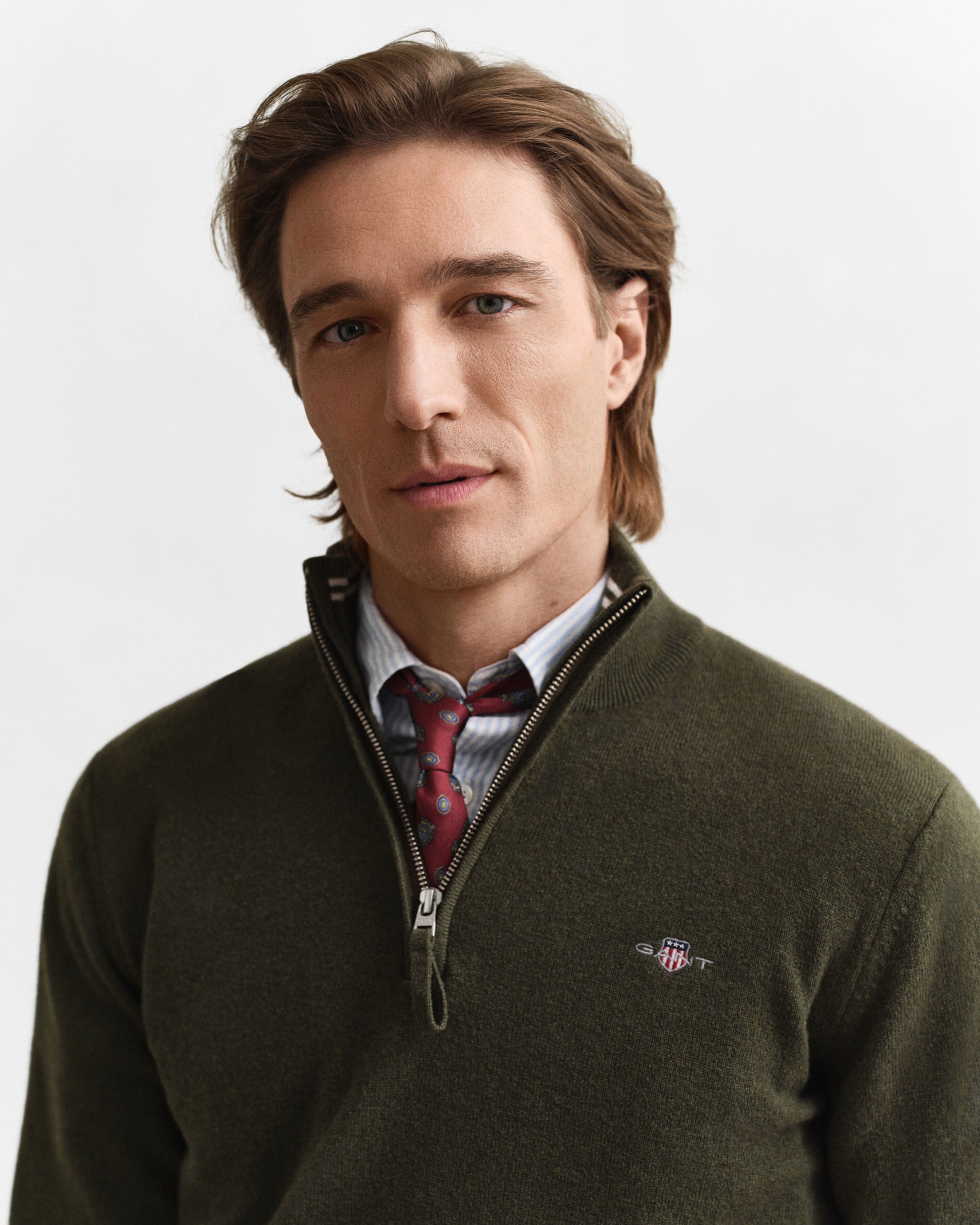 GANT - Superfine Lambswool Half-Zip Sweater in Khaki Green Melange 87213 384