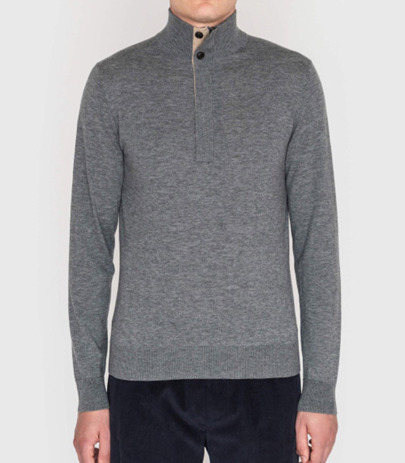 PAL ZILERI - Wool & Cashmere Grey Half Zip Jumper with Contrast Beige Collar