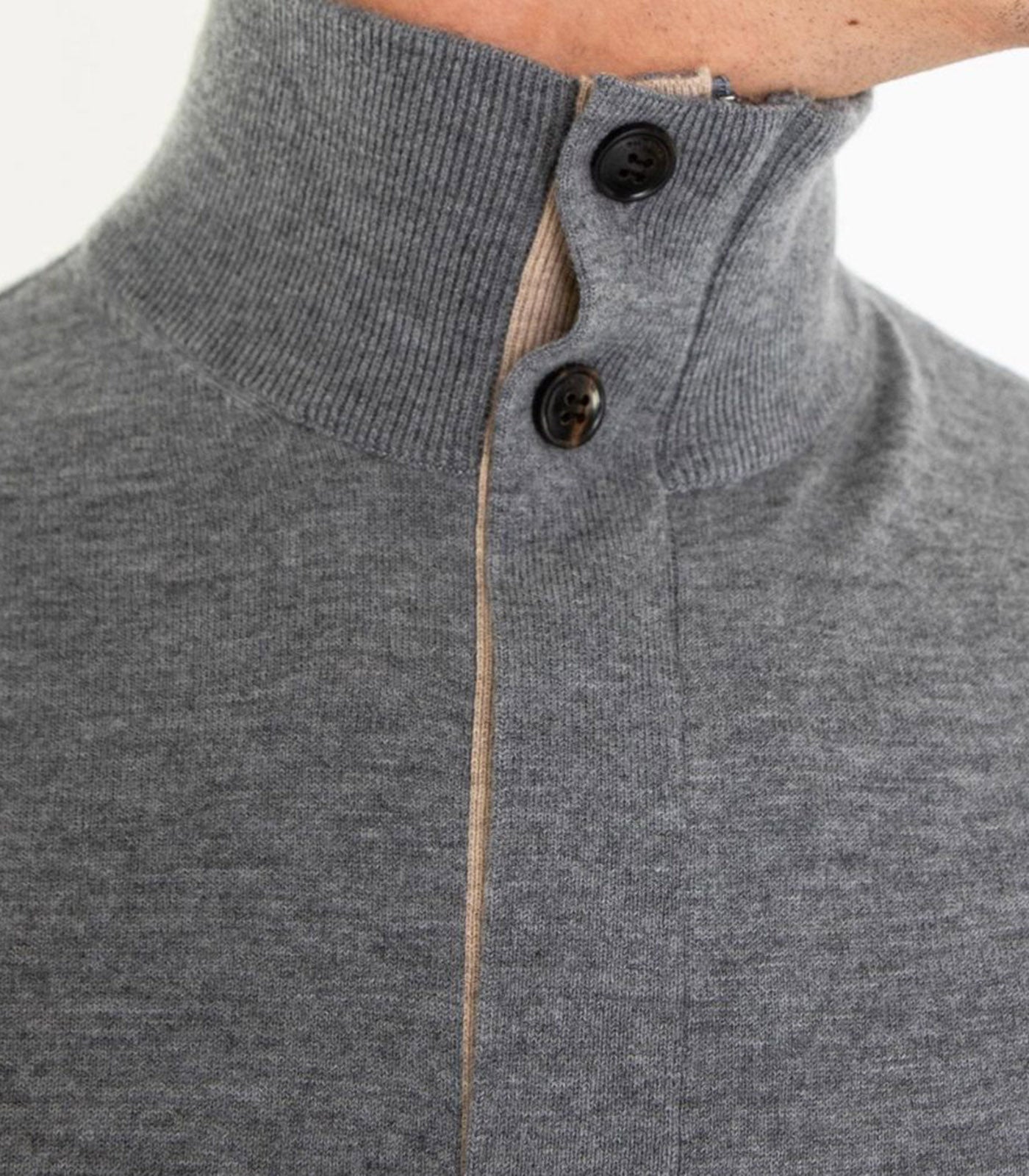 PAL ZILERI - Wool & Cashmere Grey Half Zip Jumper with Contrast Beige Collar