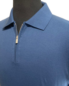 FILIPPO DE LAURENTIIS - Blue Zip Neck Knitted Cotton Polo Shirt