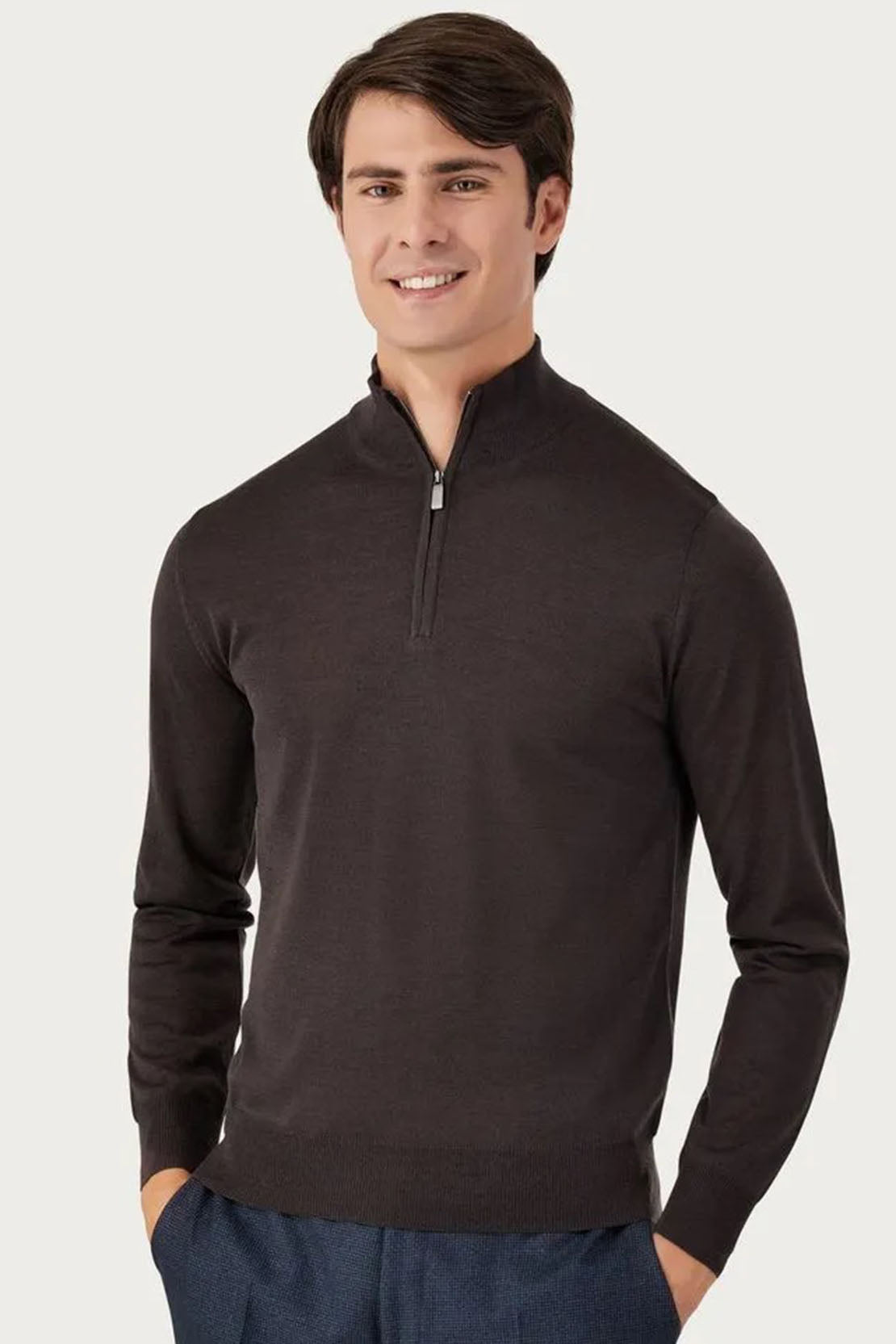 CANALI - BROWN MERINO WOOL HALF ZIP SWEATER C0015-MK00077-501