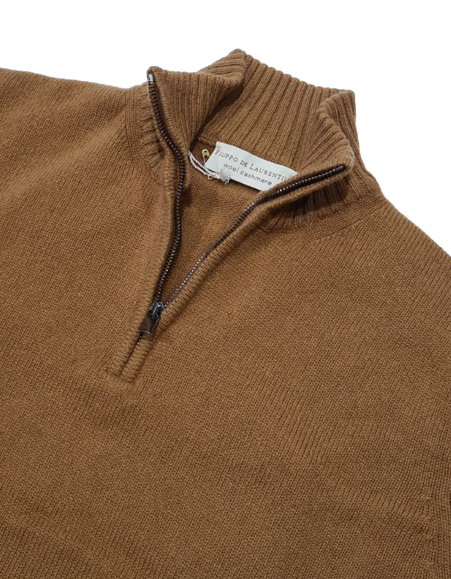 FILIPPO DE LAURENTIIS - Caramel Wool & Cashmere 1/4 Zip Neck Sweater MZ3MLWC7R 090