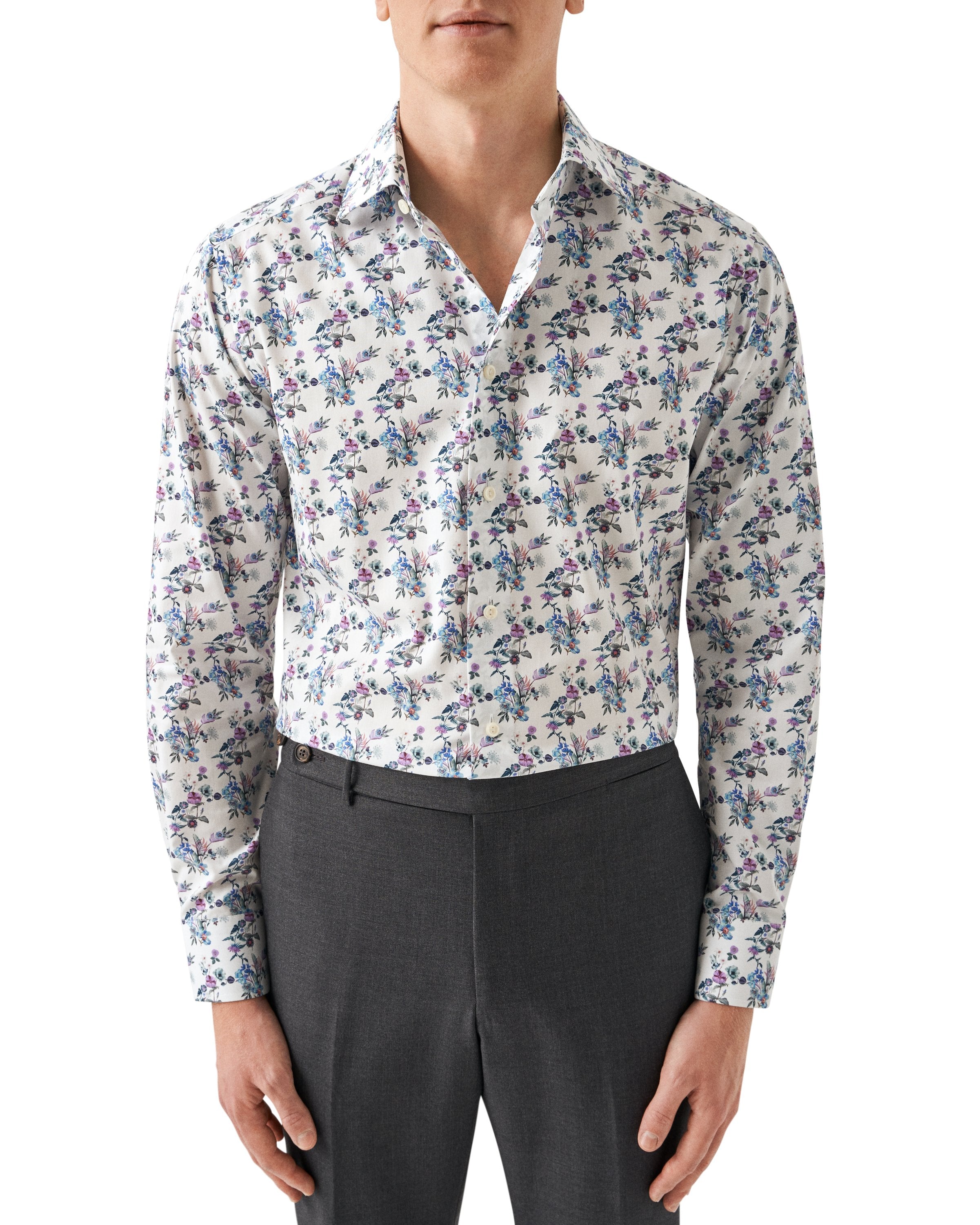 ETON - White and Light Blue CONTEMPORARY FIT Floral Print Twill Shirt 10001165323
