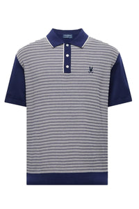PSYCHO BUNNY KENNY Knitted Striped Polo Shirt in Evening Blue