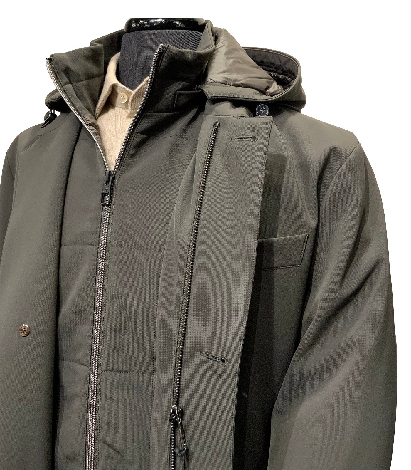 MONTECORE - Longline Coat in Technical Fabric with Detachable Bib & Hood In Graphite Grey