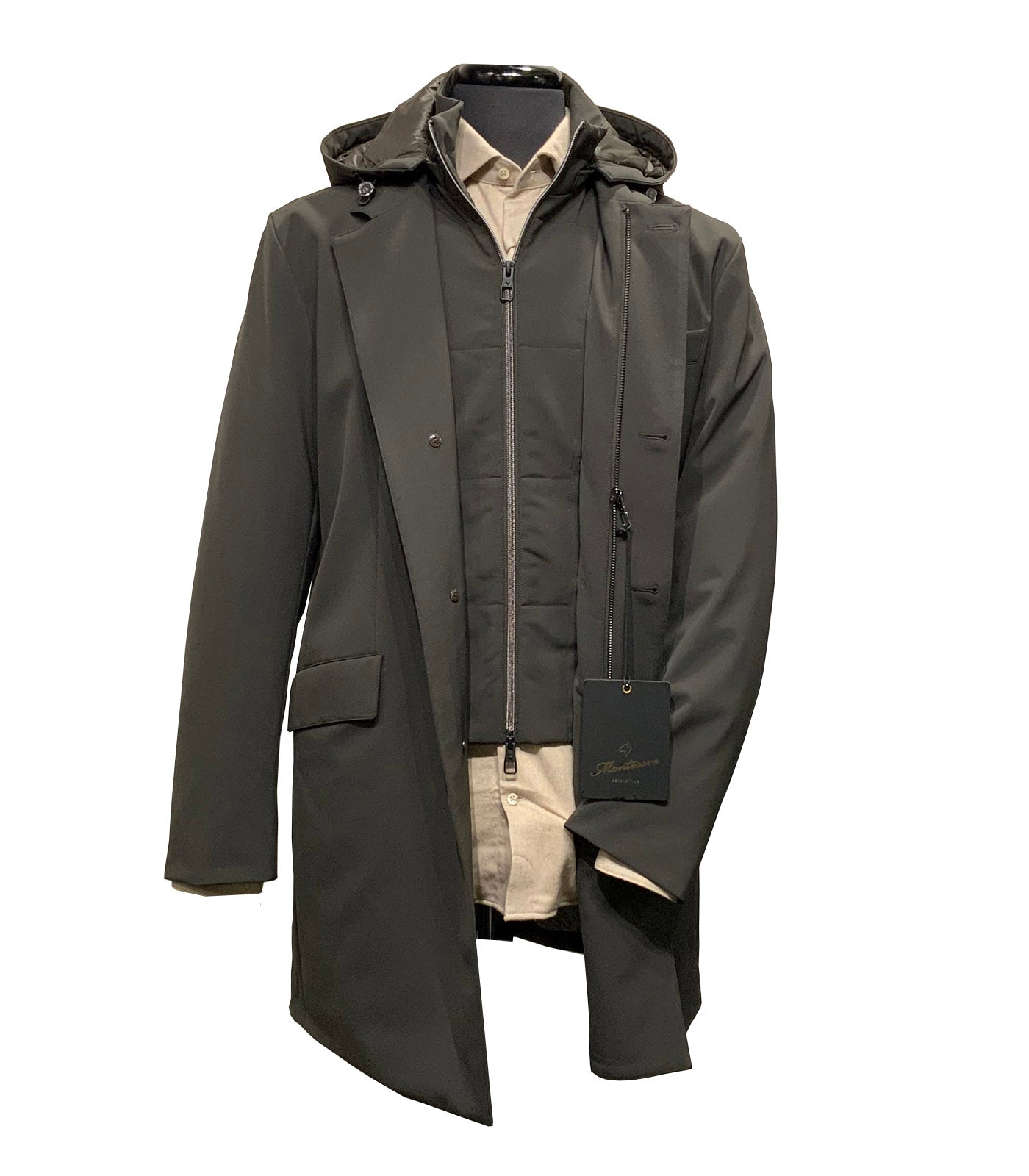 MONTECORE - Longline Coat in Technical Fabric with Detachable Bib & Hood In Graphite Grey