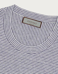 CANALI - Blue and White Striped Cotton and Linen T-Shirt T0003-MJ02041-300