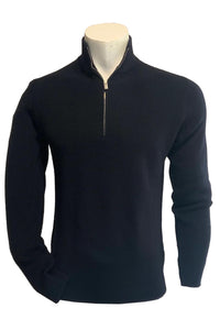 FILIPPO DE LAURENTIIS - Navy Blue Wool Half Zip Sweater in Fisherman Knit MZ1ML MWM14P 881
