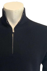 FILIPPO DE LAURENTIIS - Navy Blue Wool Half Zip Sweater in Fisherman Knit MZ1ML MWM14P 881